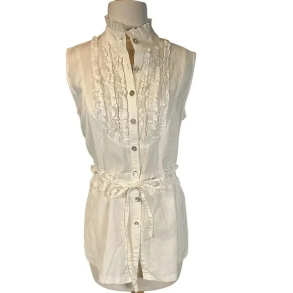 SANDRO Size Large White Drawstring Waist Ruffled Sleeveless Linen Blend Blouse - Picture 1 of 12